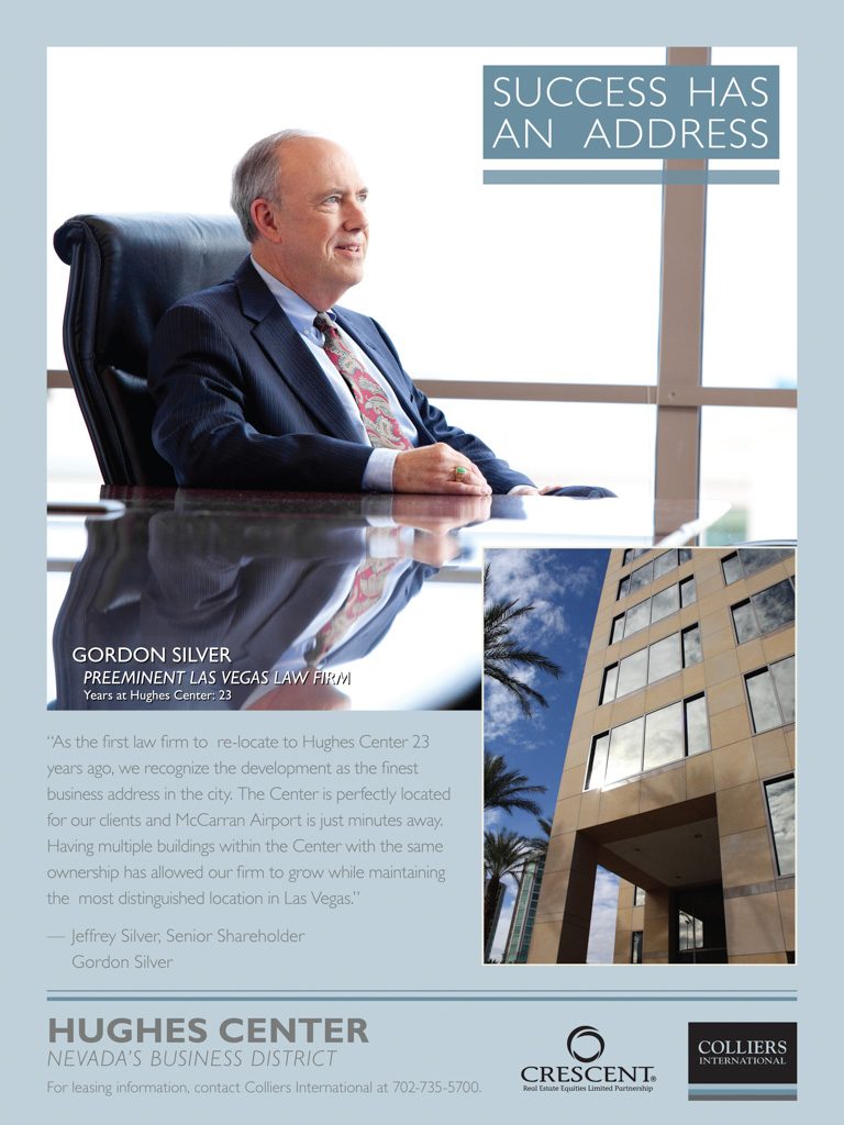 Print advertisement featuring an executive portrait in a high-rise office